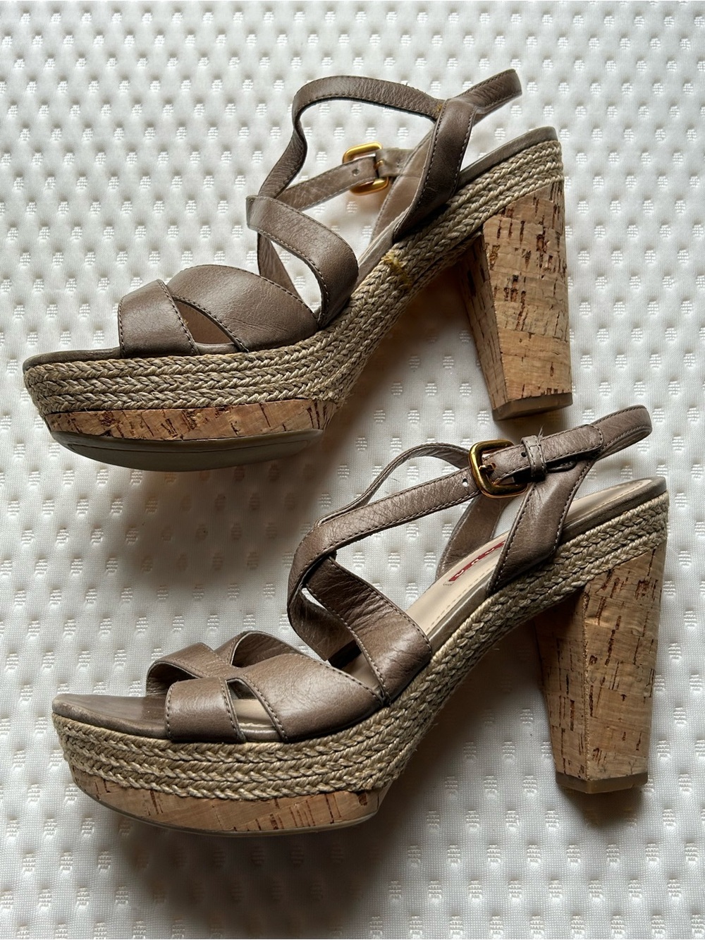 Prada Sport 3XP063 Taupe Leather Cork Platform Sandals EU 38
